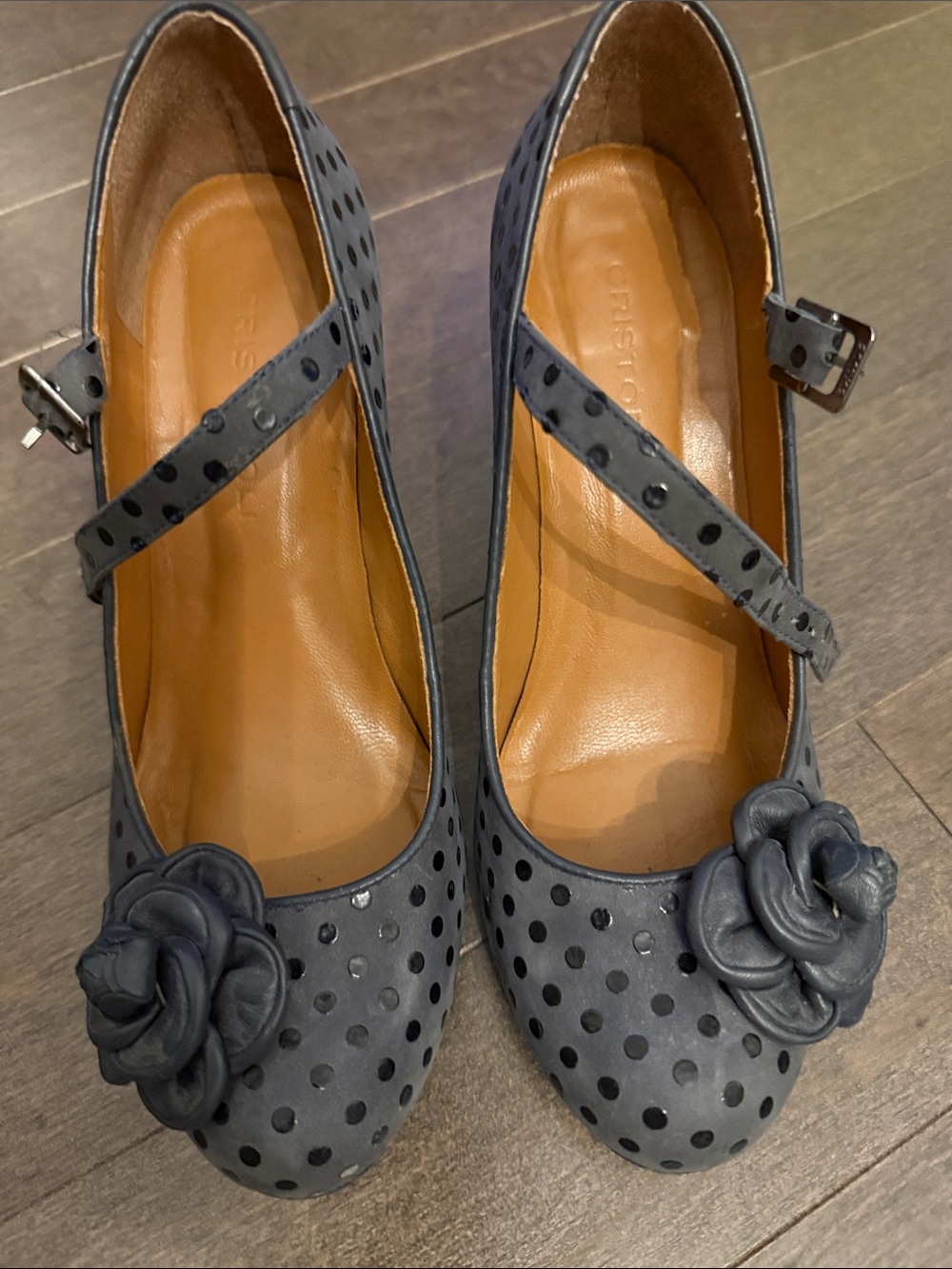 Cristofoli Gray Polka Dot Mary Jane Heels with Flower Accent
